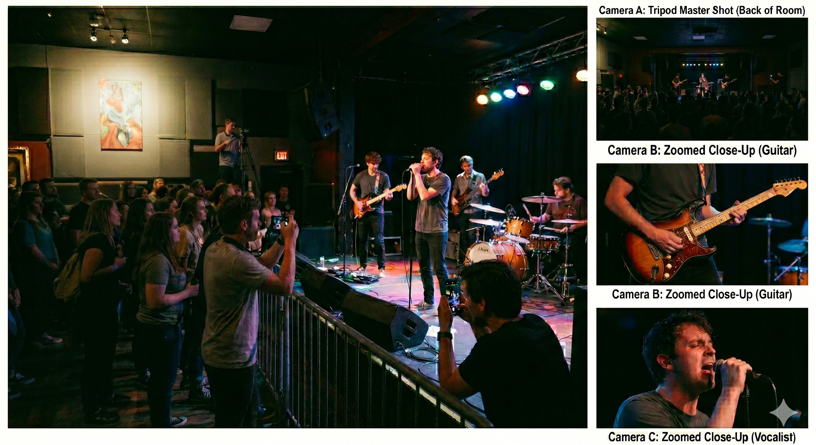 A live band on a club stage with audience members holding up phones to film.