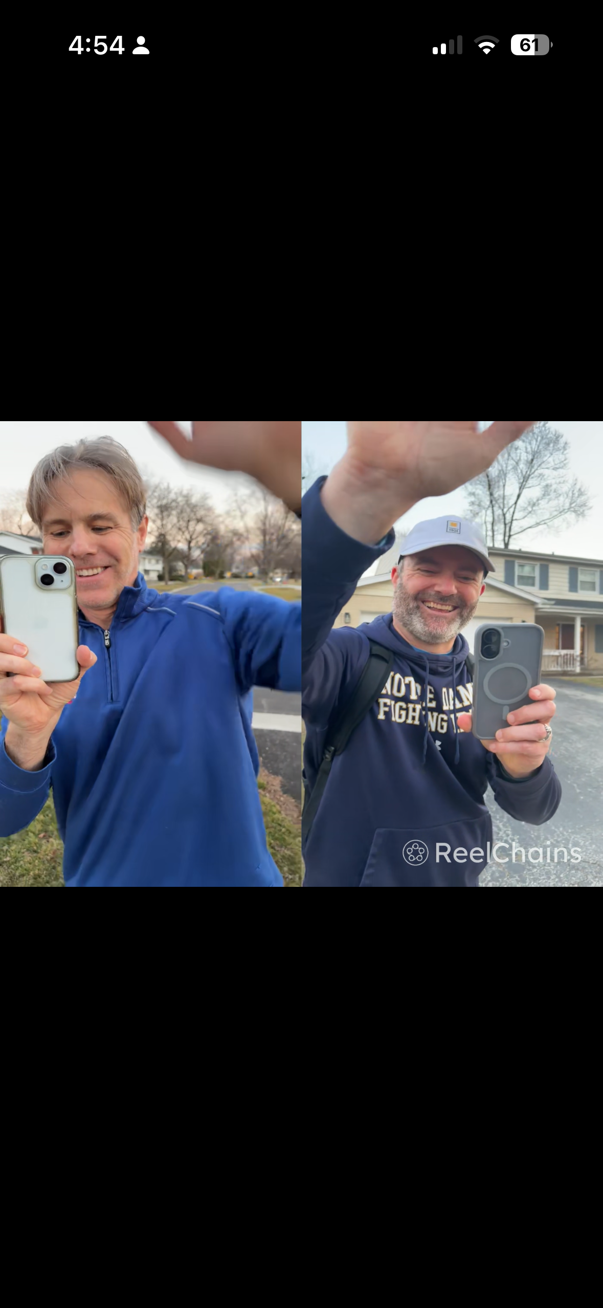 Two people filming a hi-five — each side shows one face and one hand reaching toward the other, mirrored so the hands meet at the center of a split screen.
